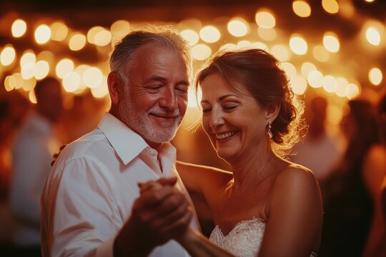 Happy senior couple dancing together at wedding reception under string lights