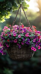Hanging basket overflowing with colorful petunias in a garden