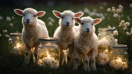 Fototapeta premium Three adorable lambs beside glowing jars in a serene, floral setting.