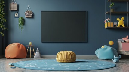Modern Playroom Interior Design with a Large TV Screen and Colorful Accessories