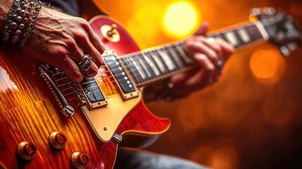 Obraz premium Musician playing electric guitar on stage, concert lights blurred background, music performance
