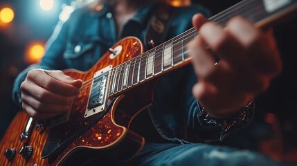 Obraz premium Musician plays electric guitar on stage, close-up