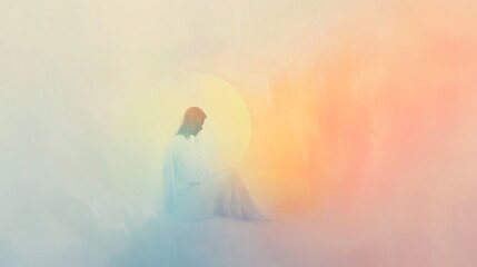 Fototapeta premium A person is sitting on the ground with a sun in the background