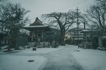 Obraz premium Temple Surrounded by Snowy Streets and Winter Calm
