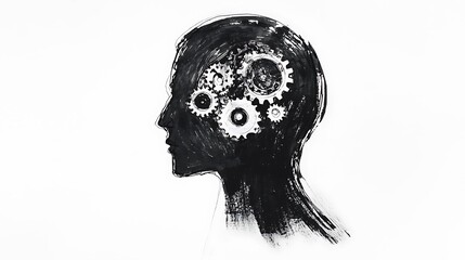 Thinking. A brain with gears is shown in a silver color