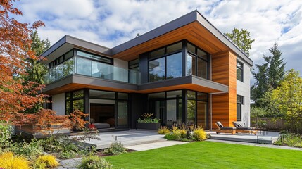 Fototapeta premium Modern Luxury Home with Large Windows and Patio
