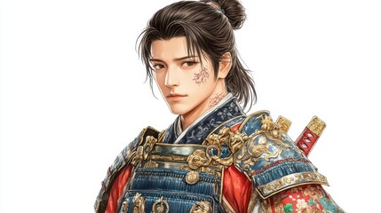 A warrior in ornate armor, featuring a traditional hairstyle and intricate details, exuding strength and elegance.