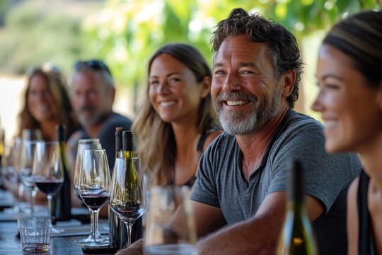 Winemakers smiling during wine tasting at vineyard table