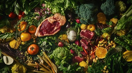 A creative scene of a flexitarian diet, featuring a mix of plant-based and occasional meat dishes, emphasizing flexibility and balanced nutrition