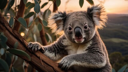 Fototapeta premium A koala perched on a tree branch during sunset, showcasing its natural habitat.