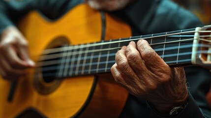 Obraz premium Elderly musician's hands playing classical guitar indoors