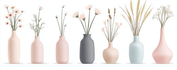 A collection of elegant vases with diverse flowers, showcasing modern design and soft colors, perfect for home decoration.