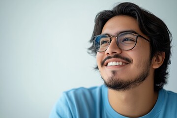 Fototapeta premium A young man with glasses smiles, conveying positivity and warmth in a bright setting.