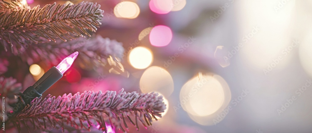 Poster a close-up of a christmas tree branch adorned with colorful lights and a soft, blurred background, c
