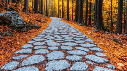 A serene, winding stone path through a vibrant autumn forest, surrounded by colorful foliage and tall trees.