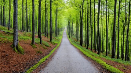 A serene pathway winds through a lush green forest, surrounded by tall trees and vibrant foliage, inviting exploration and tranquility.