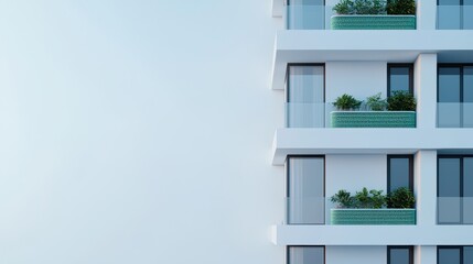 A modern building facade featuring multiple floors, large glass windows, and green balconies, set against a light blue sky.