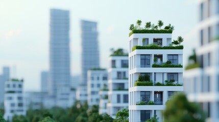 Modern buildings with greenery on rooftops, showcasing urban architecture and sustainable design in a cityscape.