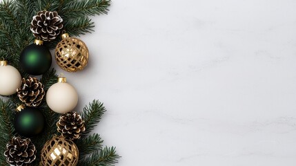 A festive arrangement of green pine, gold and white ornaments, and pine cones, perfect for holiday decorations.