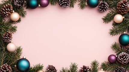 A festive arrangement of pinecones and colorful ornaments around a blank pink background, perfect for holiday greetings or decorations.