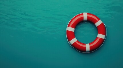 A bright red life ring floats in calm turquoise water, symbolizing safety and rescue in aquatic environments.