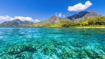 A stunning coastal view showcasing clear turquoise waters, vibrant coral reefs, and majestic mountains under a bright blue sky.