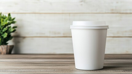 A simple white disposable coffee cup sits on a wooden surface, accompanied by a small green plant in the background.