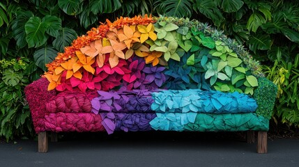 A vibrant, floral couch displays a rainbow of colors, adorned with various plants and flowers against a lush green backdrop.