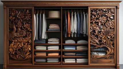 Fototapeta premium Ornate wooden wardrobe, clothes neatly stored.
