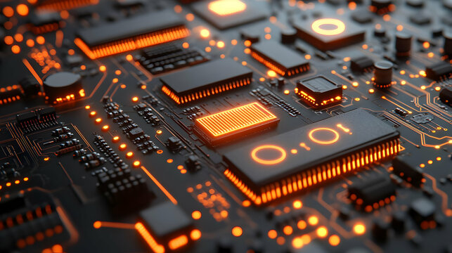 Close-up view of an illuminated circuit board with glowing microchips and binary code, representing the technological world of computing and data proc