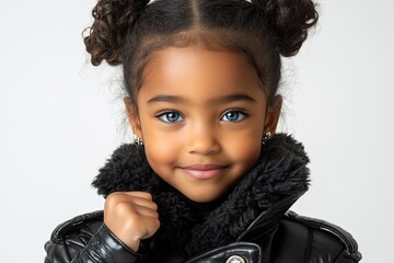 A young girl with a confident smile, wearing a stylish black jacket and showcasing her charm.