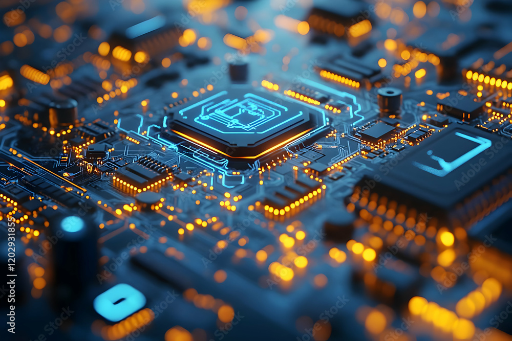 Poster close-up view of a glowing circuit board with a central processing unit, showcasing intricate detail