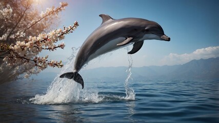 Fototapeta premium A dolphin leaps gracefully above the water, surrounded by nature's beauty.