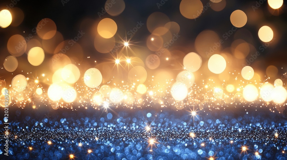 Poster A captivating array of shimmering lights and glittering particles in gold and blue, creating a magical and festive atmosphere.