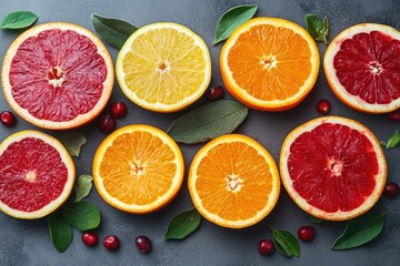 Sliced citrus fruits with cranberries and green leaves arranged on dark background