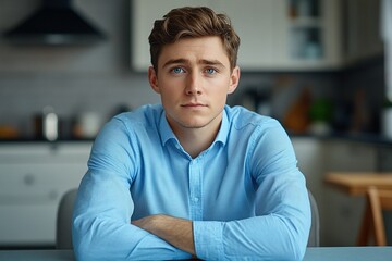 A young man with blue eyes and a thoughtful expression sits at a table in a kitchen.