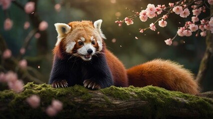 A red panda resting on a mossy branch surrounded by cherry blossoms in a serene forest.