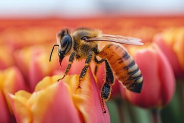 Fototapeta premium Honeybee pollinating orange tulips.
