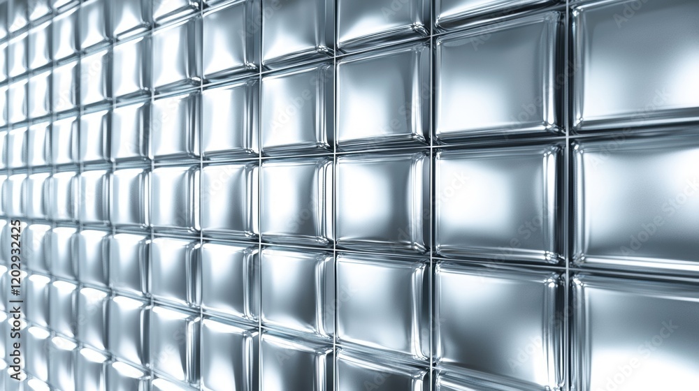 Poster a textured wall made of reflective glass blocks, creating a modern and sleek look with a shiny surfa
