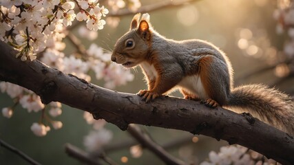 Obraz premium A squirrel perched on a branch surrounded by cherry blossoms in soft sunlight.