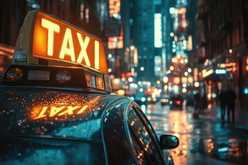 Yellow taxi cab sign illuminating rainy new york city street at night