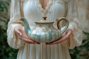 A person holds a decorative teapot, showcasing its intricate design and craftsmanship.