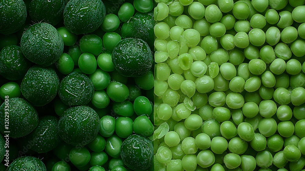 Wall mural Detailed macro shot of peas and pea pods, focusing on the vibrant green color, round peas, and textured pods in a fresh and natural composition.