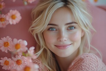 A smiling young woman surrounded by pink flowers, exuding warmth and joy.