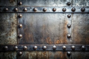 Fototapeta premium Close-up of rough metallic surface with visible rivets and bolts, textured, machine part, worn metal, rugged
