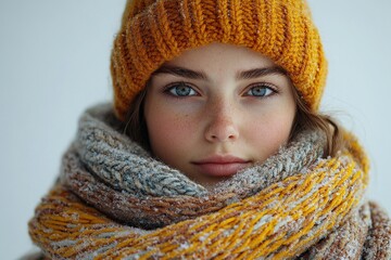A young woman in a cozy knit hat and scarf, surrounded by a snowy backdrop.