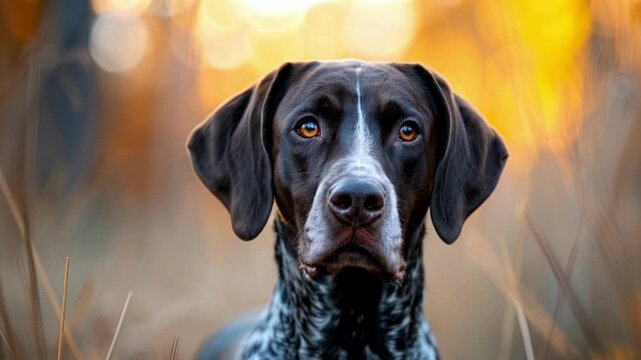 A German Shorthaired Pointer dog standing in tall grass, with its head tilted to the side and looking directly at something off camera