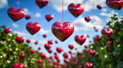 Obraz premium A vibrant scene filled with hanging red hearts against a clear blue sky, surrounded by lush greenery, evoking feelings of love and joy.