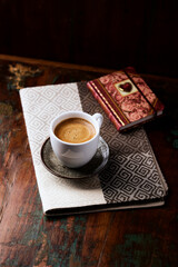 Cup of coffee on wooden background. Soft focus. Copy space.	