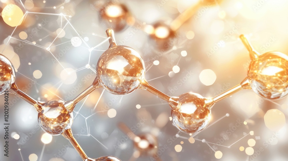 Poster abstract representation of molecular structures with glowing spheres and interconnected lines, illus